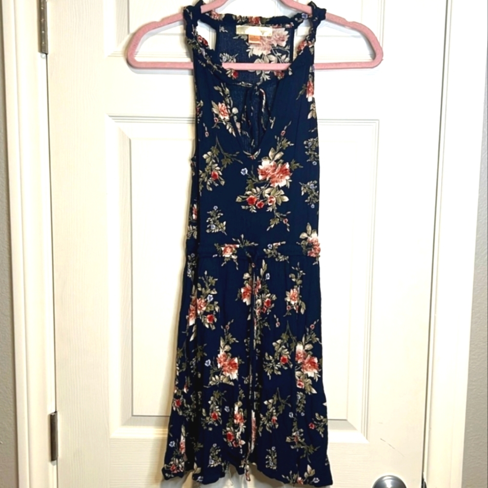 BAND OF GYPSIES PpMultifloral Racerback Sun Dress Dark Navy Waist Tie Pockets SM